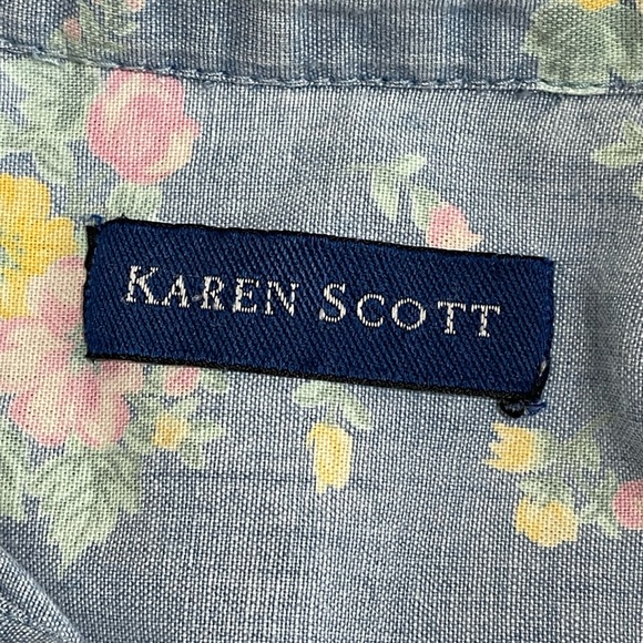 Karen Scott Flowers Print Button Down Short Sleeves Top Size L - Picture 3 of 6